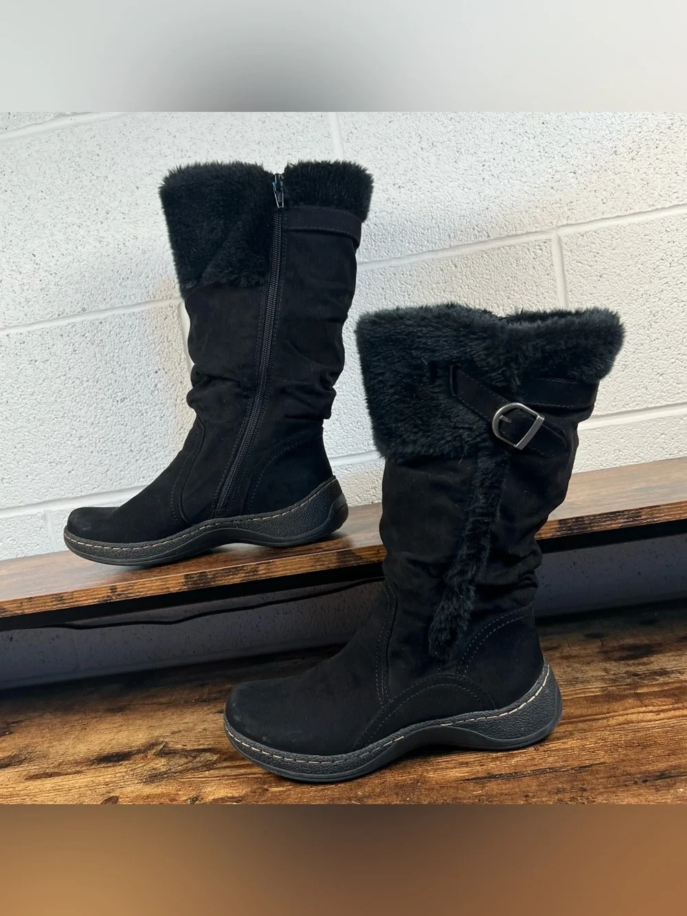 Faux Leather Boots Faux Fur Black Tall Zip Winter Casual Wear Ever Barbara 8